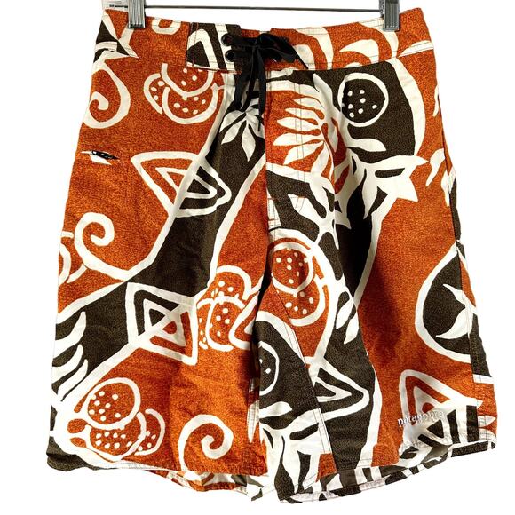Patagonia Board Shorts Printed Drawstring Embroidered Logo Orange Brown 30 - Picture 1 of 5